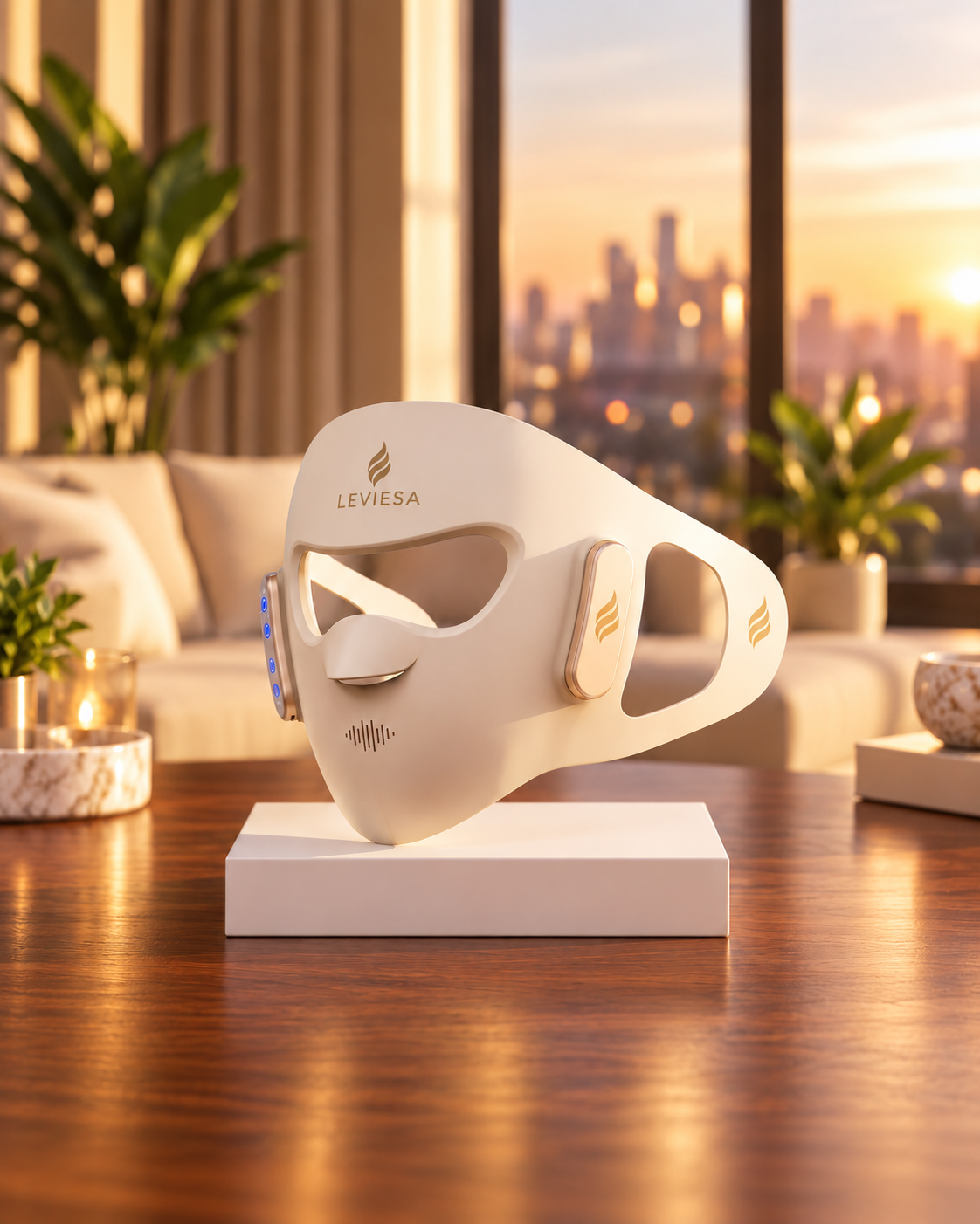 LEVIESA LED face mask in ivory silicone, shown on a stand in a living room at sunset