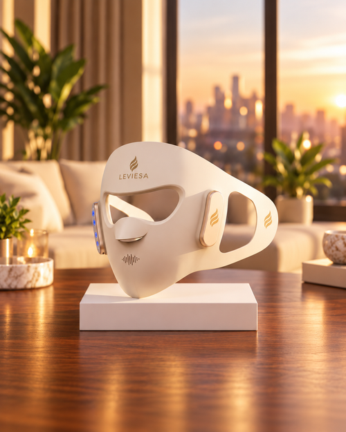 LEVIESA LED face mask in ivory silicone, shown on a stand in a living room at sunset