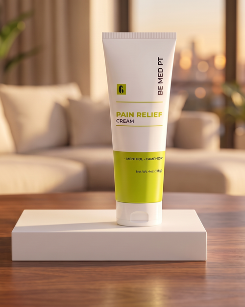 BE MED PT Pain Relief Cream 4 oz tube, menthol and camphor, on a treatment-room table