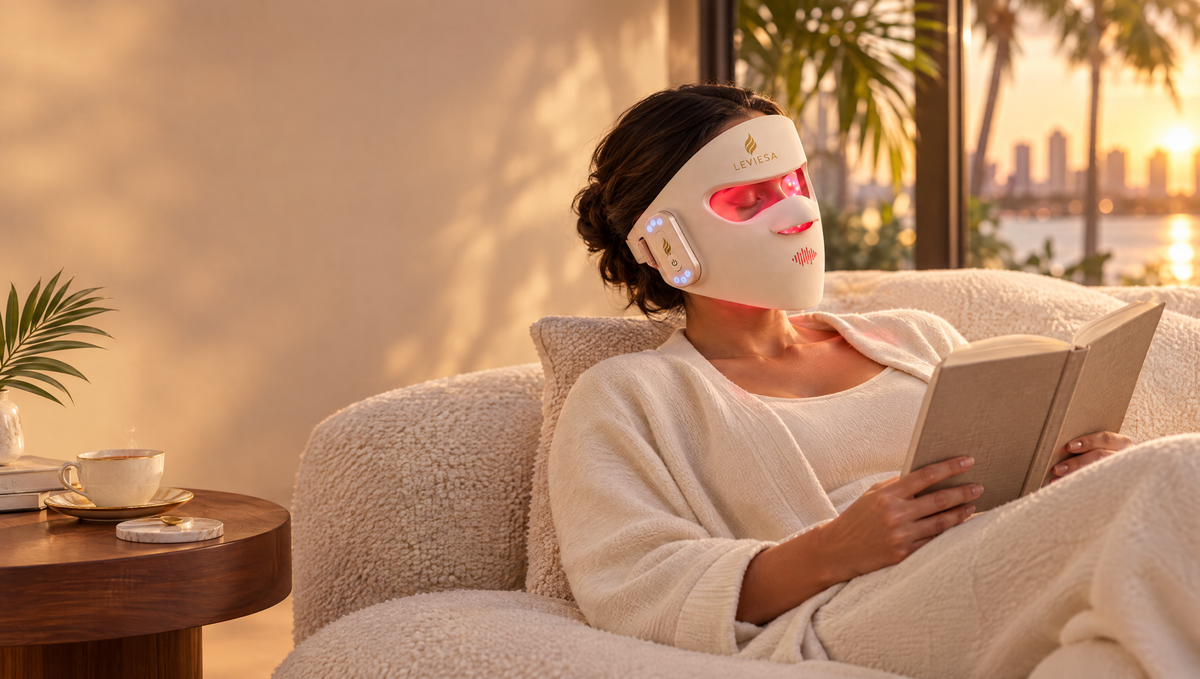Woman reading on the sofa while wearing the LEVIESA LED mask